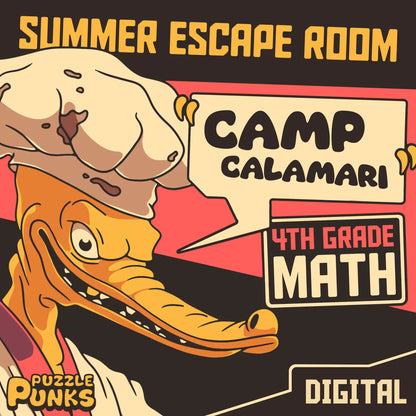 4th grade summer escape room for math test prep, called "Puzzle Punks: Camp Calamari."