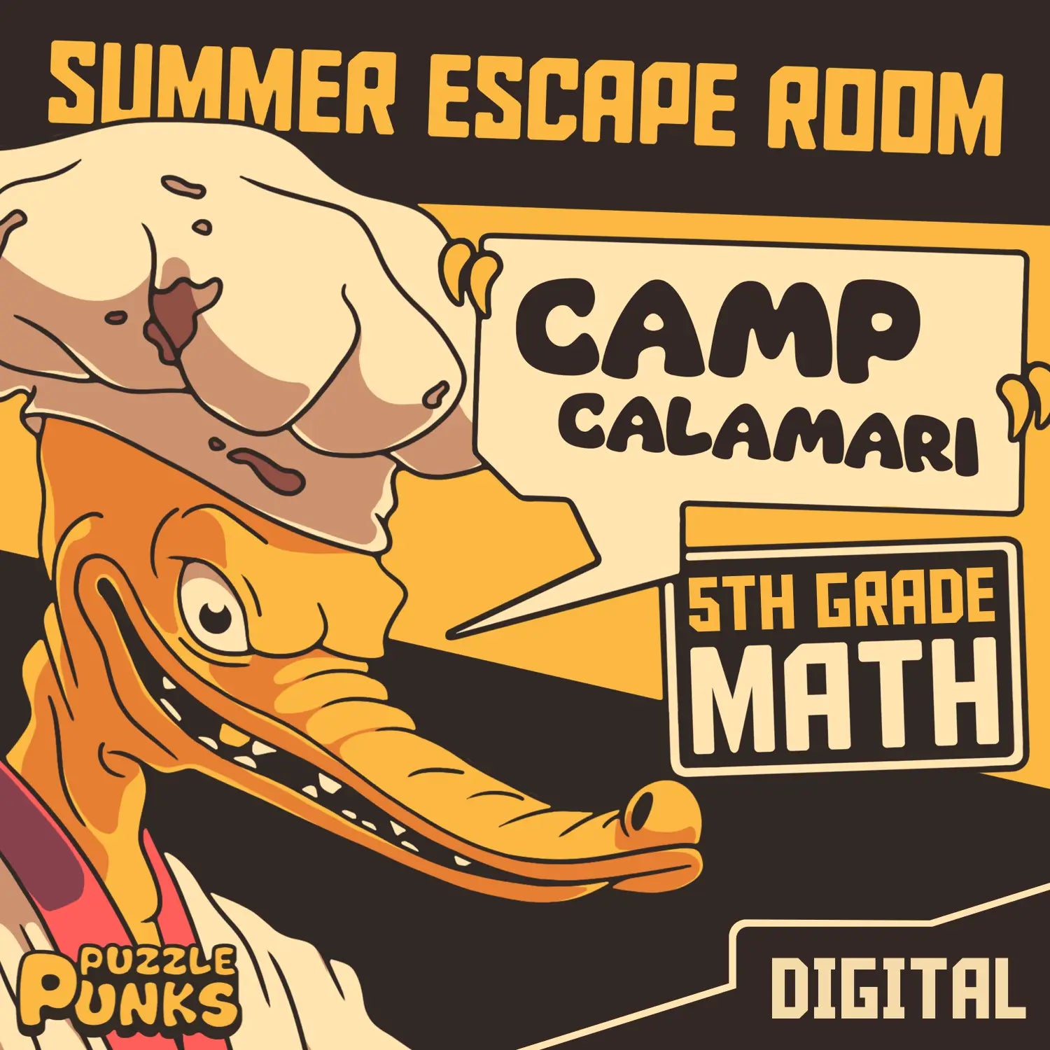 5th grade summer escape room for math test prep, called "Puzzle Punks: Camp Calamari."