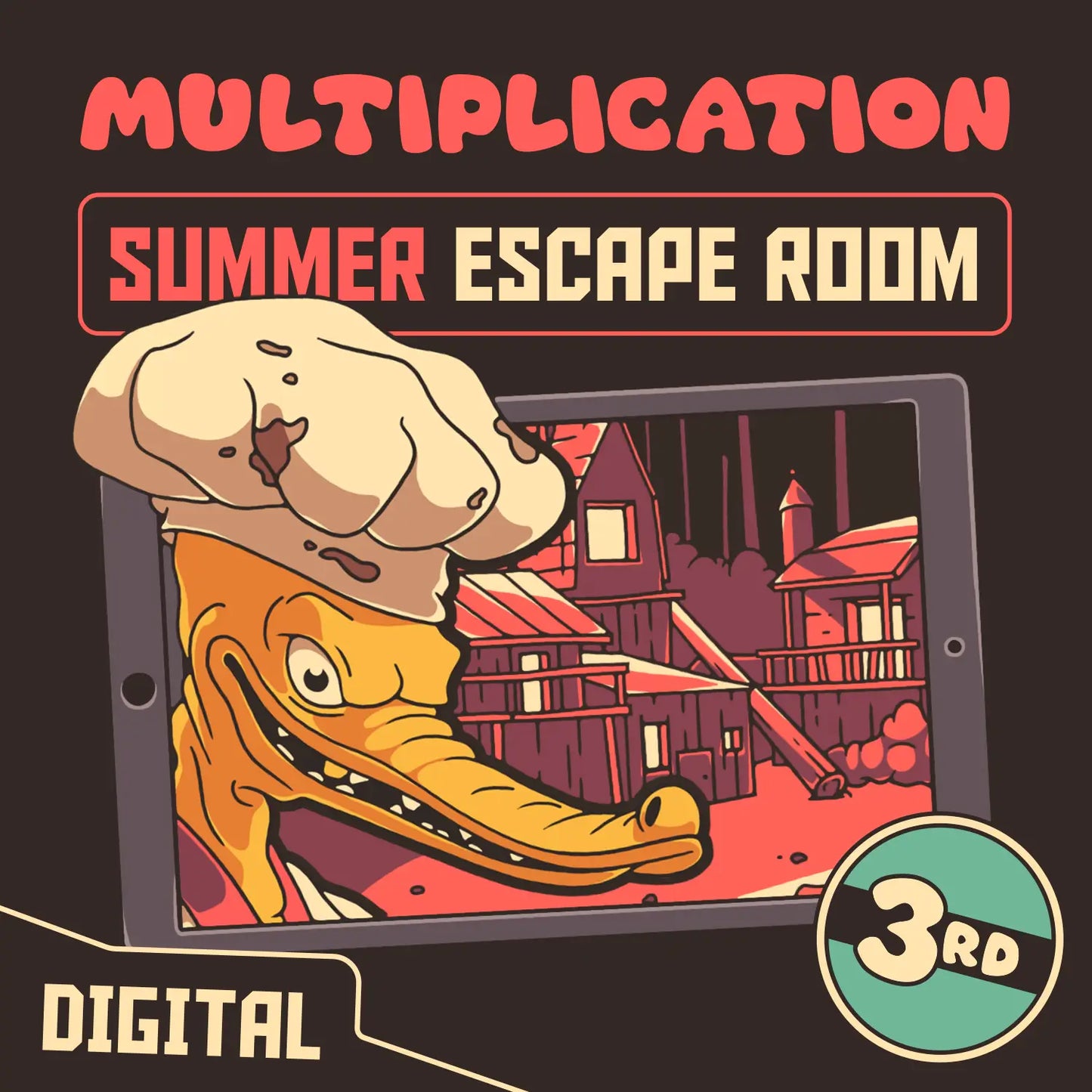 Digital multiplication escape room for 3rd grade with a summer theme, titled "Puzzle Punks: Camp Calamari."