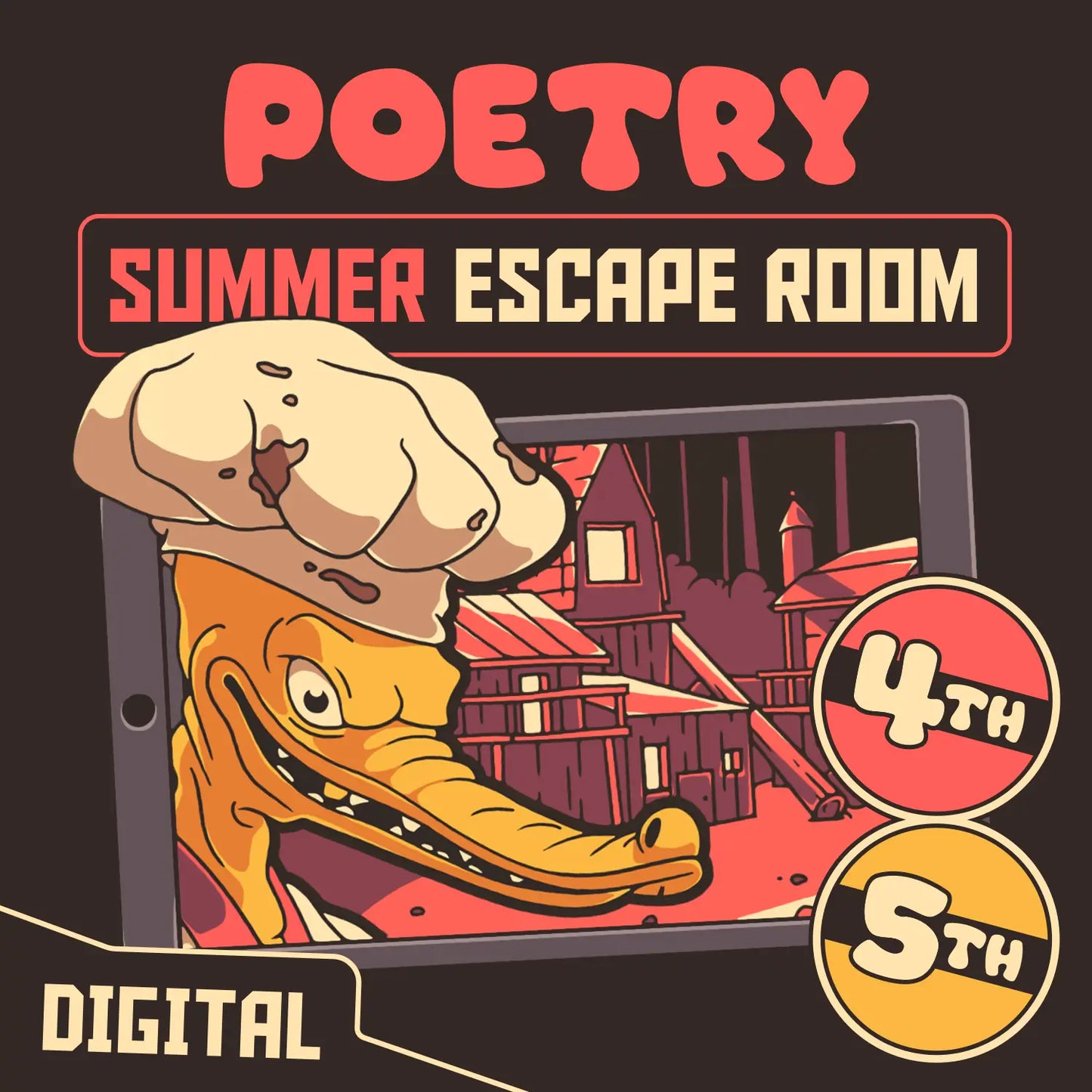 Digital 4th and 5th grade poetry escape room for summer and end-of-year test prep, with the title "Puzzle Punks: Camp Calamari."