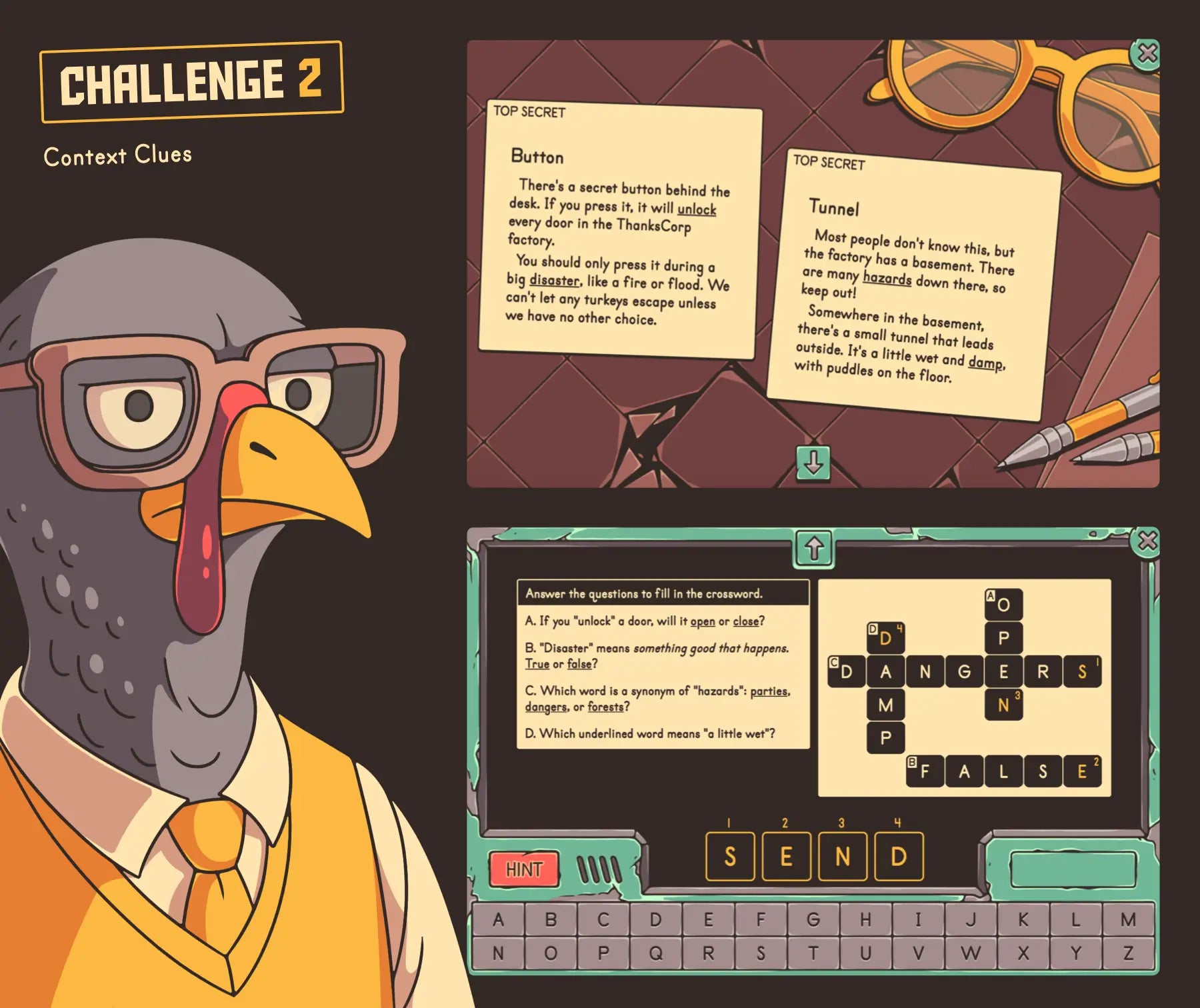Virtual Thanksgiving reading activity for reviewing context clues as definitions, examples, and affixes at a third grade level.