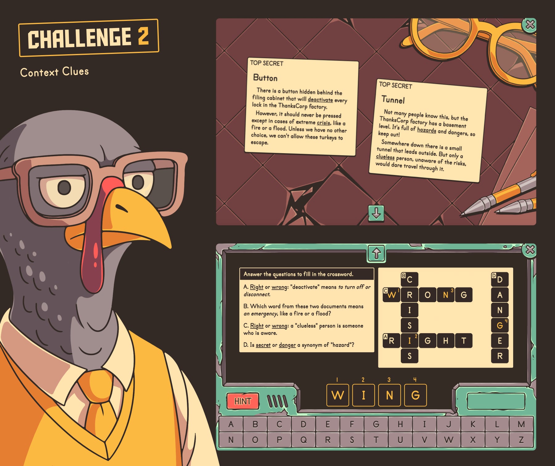 Virtual Thanksgiving reading activity for reviewing context clues as definitions, examples, roots, and affixes at a fourth grade level.