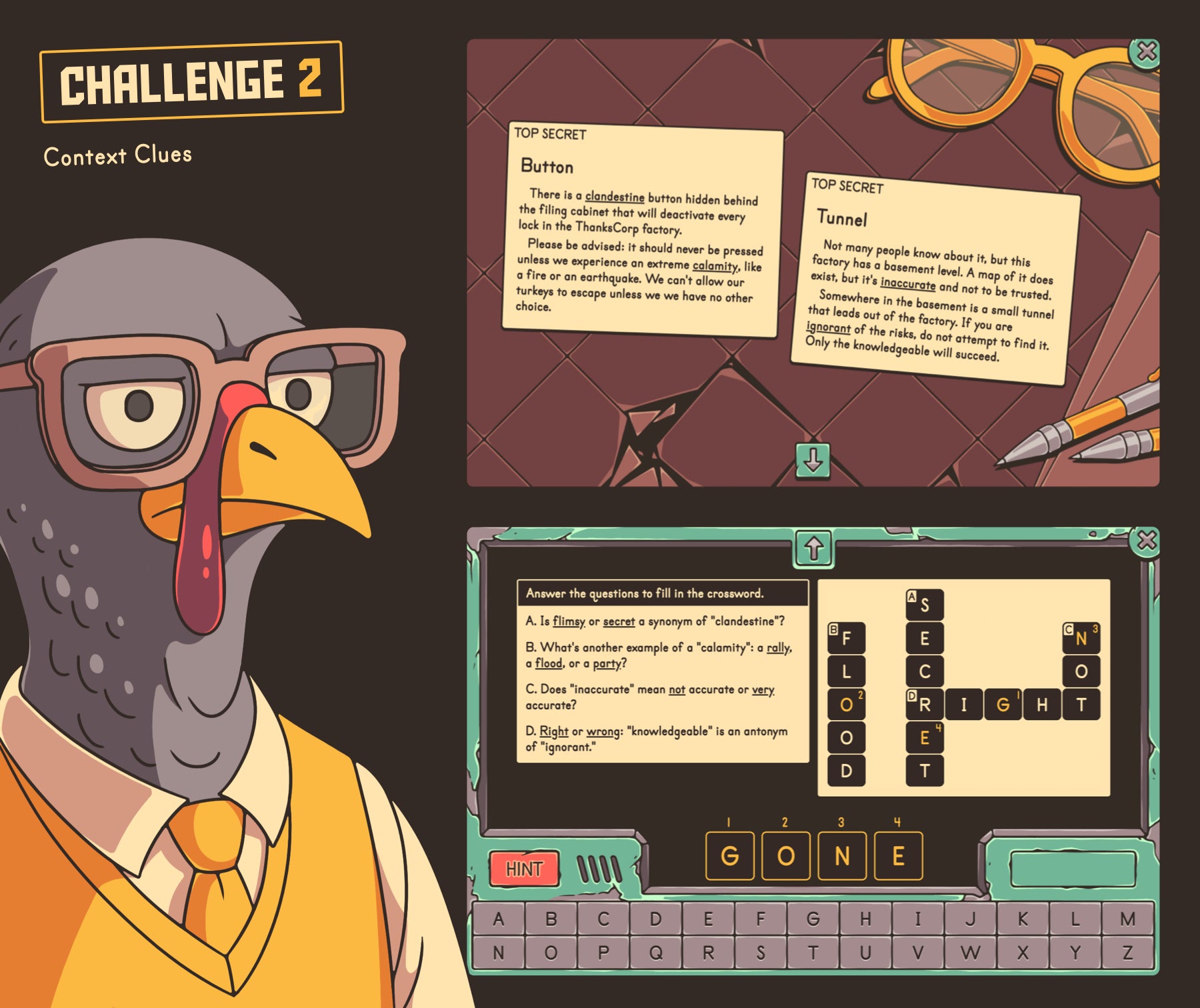Virtual Thanksgiving reading activity for reviewing context clues as definitions, example, roots, affixes, synonyms, and antonyms at a fifth grade level.
