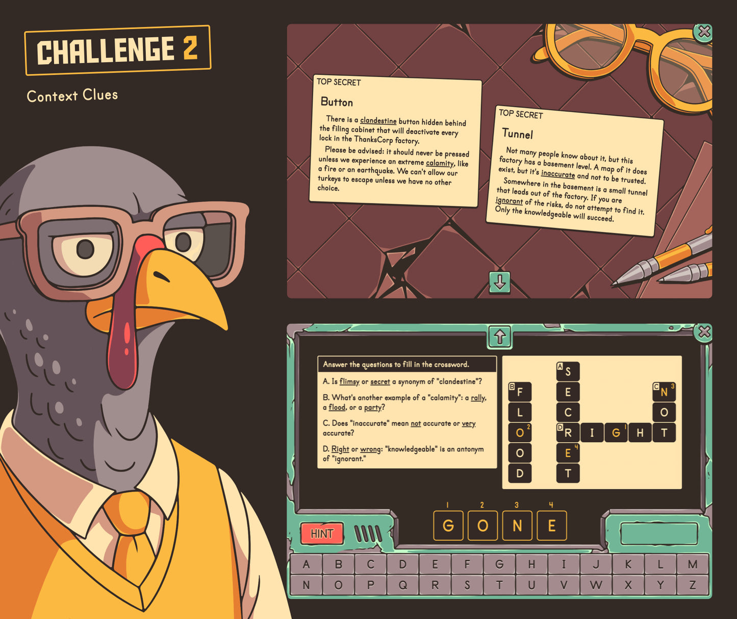 Virtual Thanksgiving reading activity for reviewing context clues as definitions, example, roots, affixes, synonyms, and antonyms at a fifth grade level.