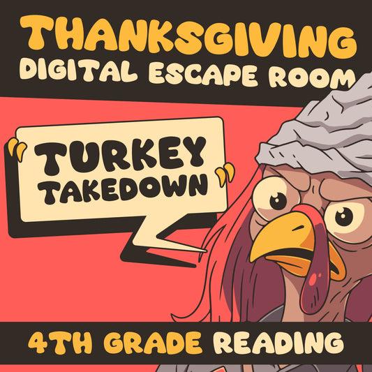 Virtual Thanksgiving escape room for 4th grade reading comprehension, titled "Puzzle Punks: Turkey Takedown".