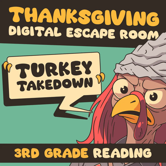 Virtual Thanksgiving escape room for 3rd grade reading comprehension, titled "Puzzle Punks: Turkey Takedown".
