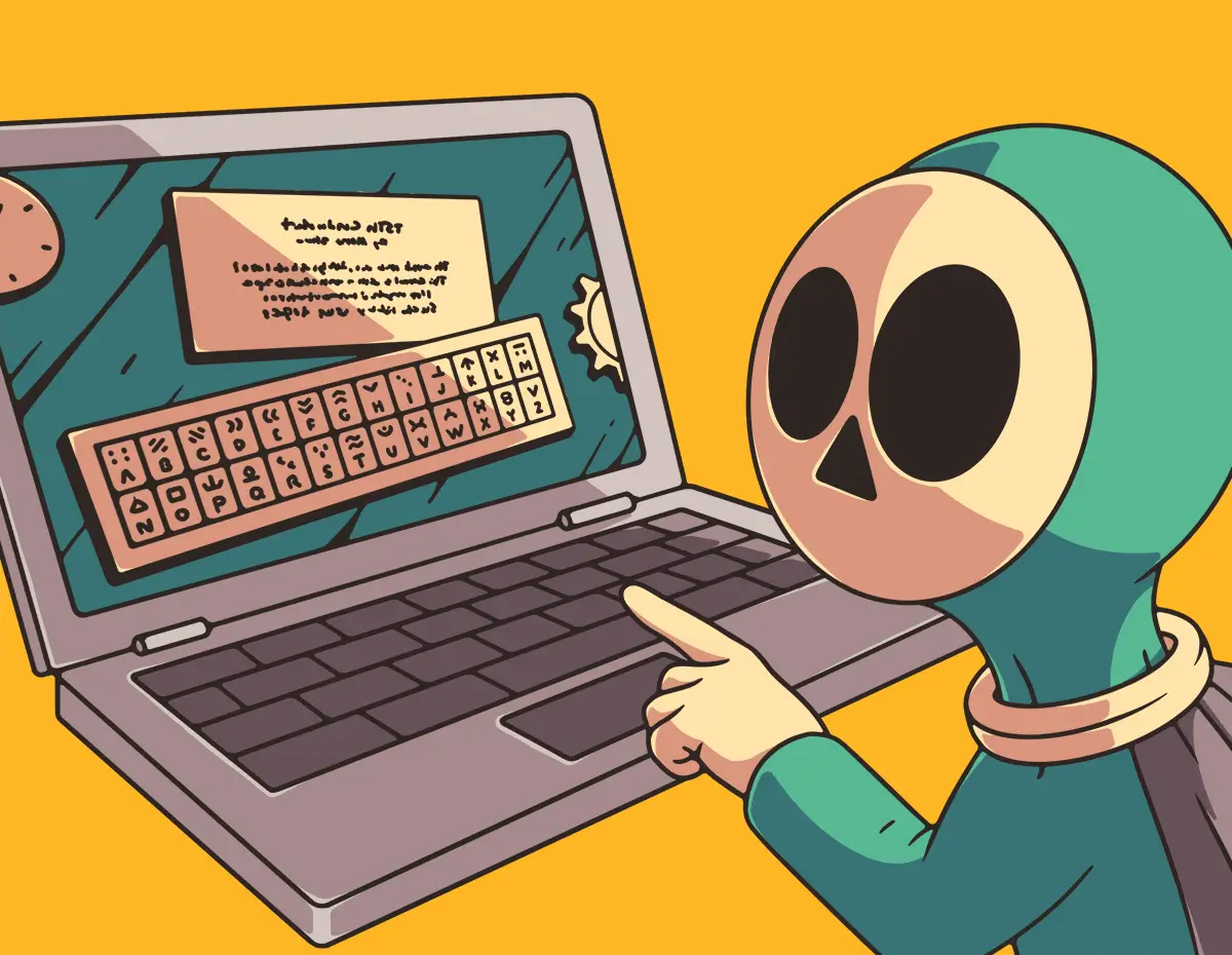 J.J. Crispy playing a Puzzle Punks escape room on a Chromebook, with a reading comprehension passage and secret code on-screen.