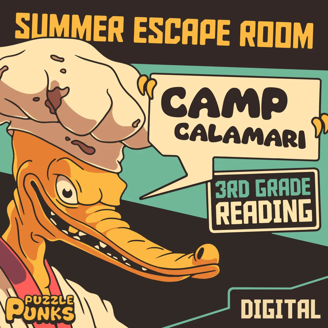 Digital third grade summer escape room for reading comprehension, with the title "Puzzle Punks: Camp Calamari."