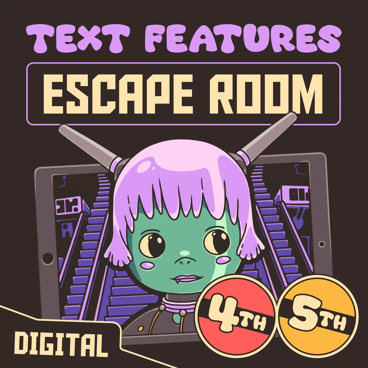 Digital text features escape room for 4th and 5th grade, titled "Puzzle Punks: Escape the Midnight Mall."