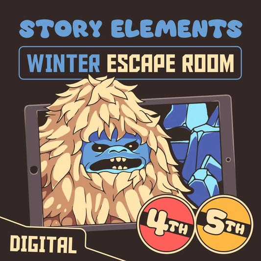 4th and 5th grade digital elements of a story escape room with a winter theme, titled "Puzzle Punks: The Yeti and the Yams."