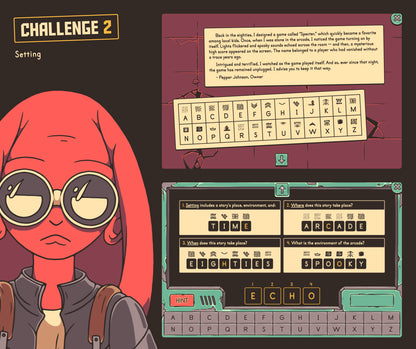Virtual setting activity with cryptogram-based questions.