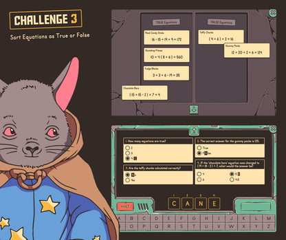 Digital sorting equations as true or false game with a multiple-choice section.