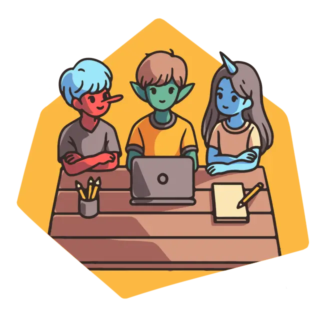 Three elementary students sitting as a small group at a desk, with a computer, pencils, and scratchpad.