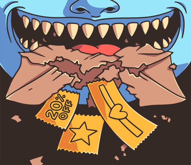 Cartoon monster biting through a mailing list envelope, revealing a group of golden discount coupons.