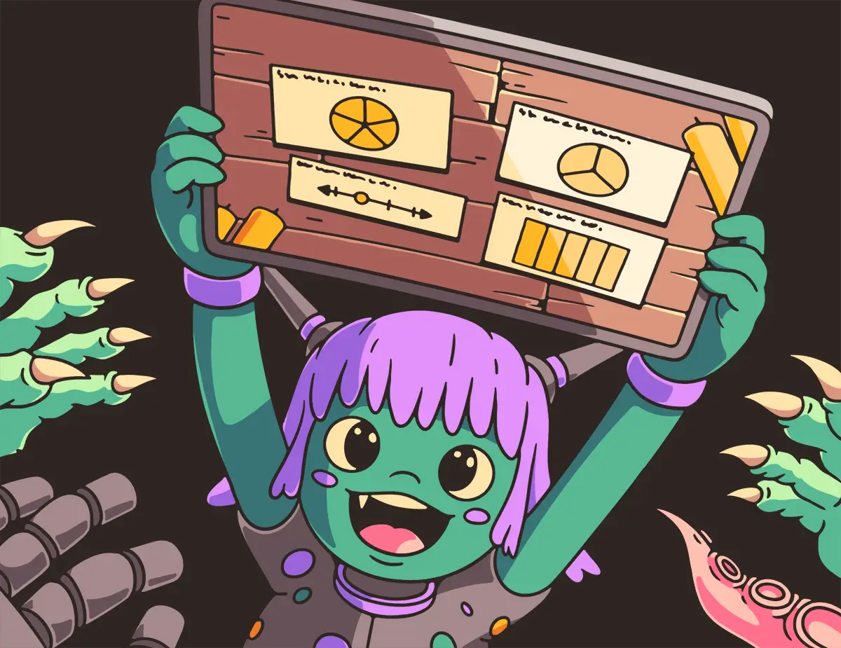 An excited character named Topsy, holding a tablet above her head displaying a fun online math game.