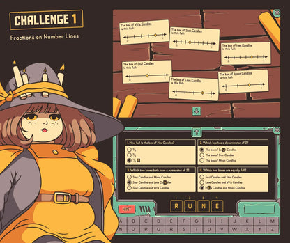 Online fractions activity with a fall theme, containing number lines and multiple-choice questions.