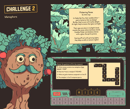 Online metaphors game with a crossword puzzle and an autumn theme.