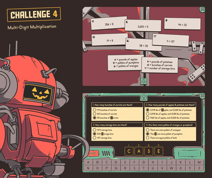 Online fall multi-digit multiplication game with encoded equations and a multiple-choice answer section.