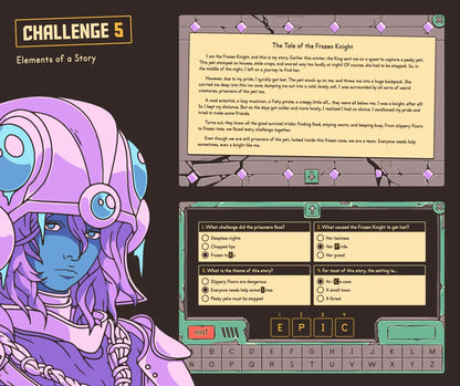 Online story elements activity with a winter-themed short story and a multiple-choice answer section.