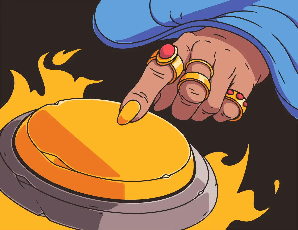 A mystical hand with golden jewelry pressing an enormous play button, indicating the no-prep nature of Puzzle Punks escape rooms.