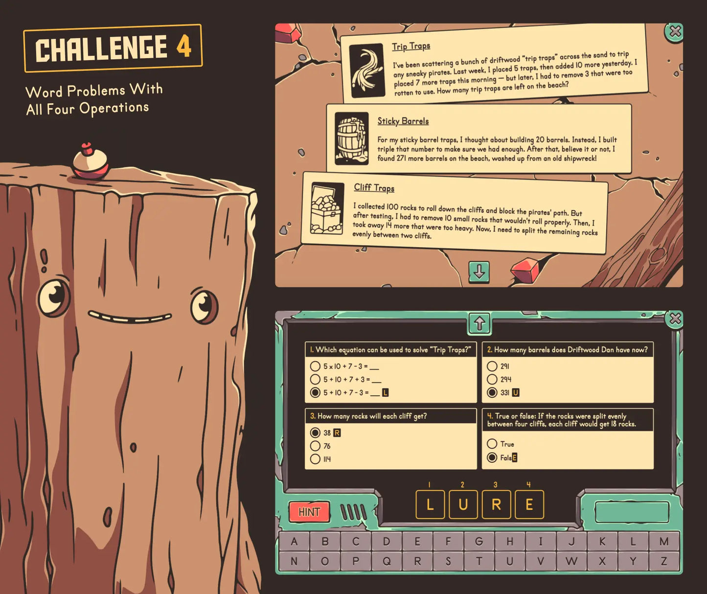 Online summer word problems with all four operations game for 5th grade math review.